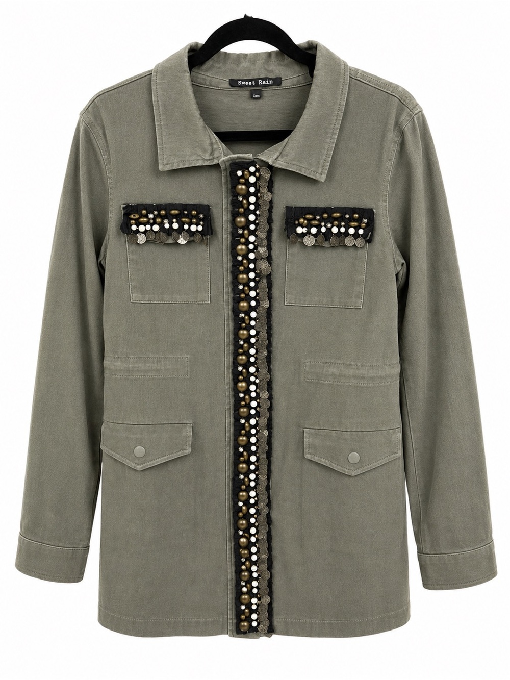 Sweet Rain Olive Utility Jacket with Bead & Sequin Trim